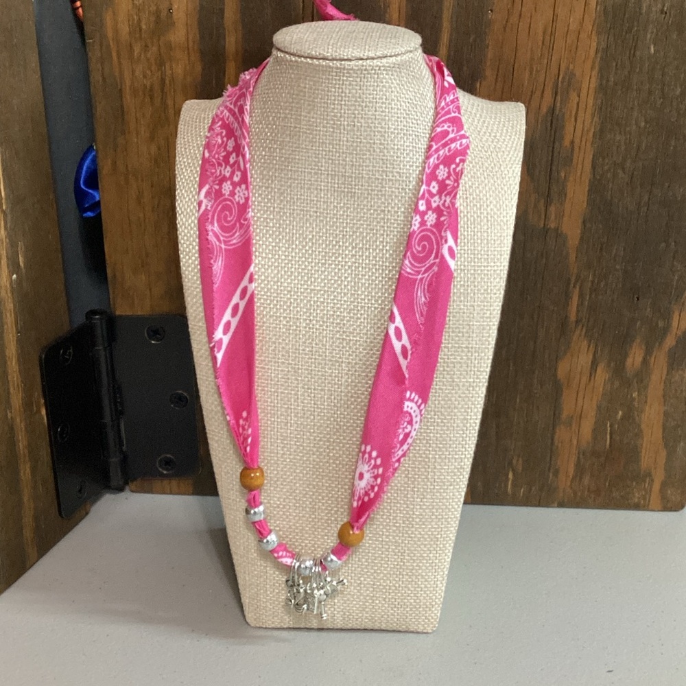 (#159) Bright Pink Bandana Scarf Necklace with Silver Charm